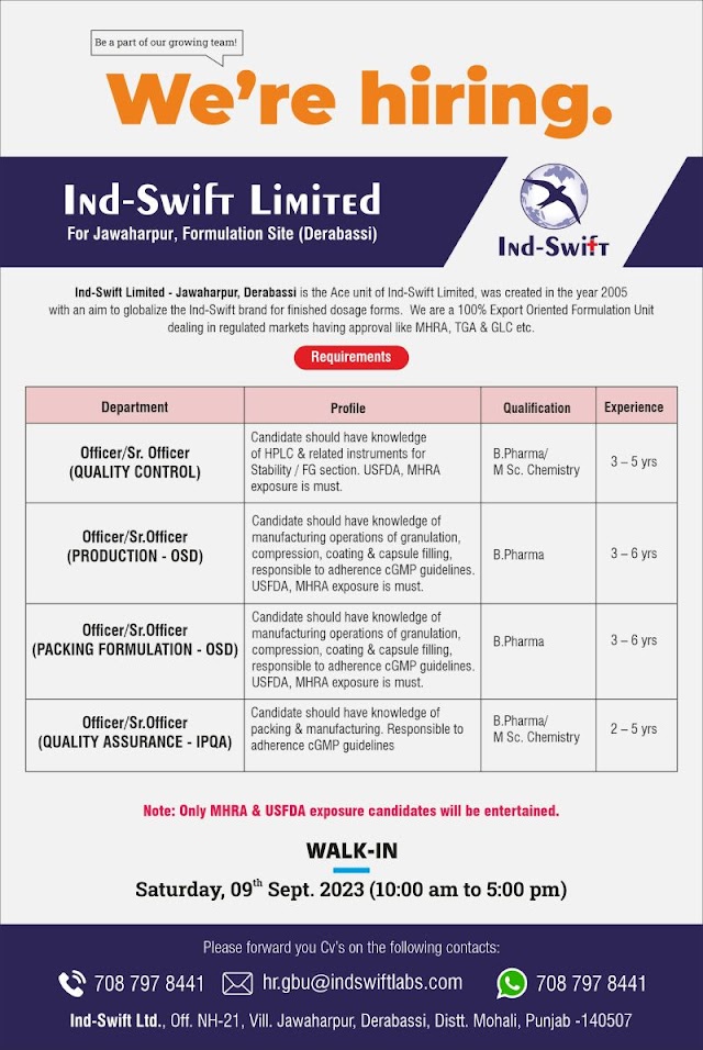 Ind-Swift Laboratories | Walk-in interview for Prod, Packing, QC & QA on 9th Sep 2023