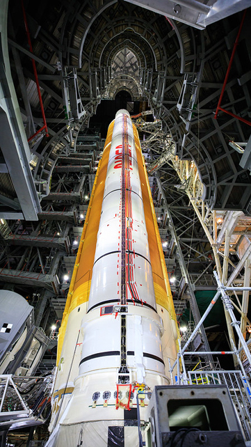 An unobstructed view of the Space Launch System rocket as it sits atop its mobile launcher inside the Vehicle Assembly Building at NASA's Kennedy Space Center in Florida...on September 17, 2021.