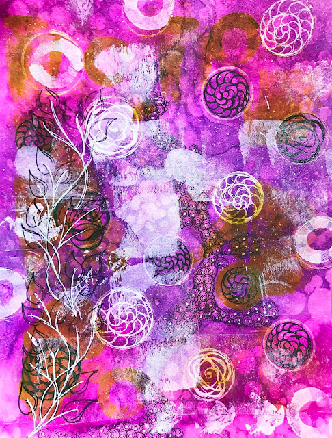 building a mixed media page with Dylusions shimmer spray, Zebra pens, and Hahnemühle Bamboo mixed media paper