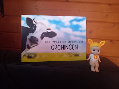 Kaartje van een koe die Groetjes uit Groningen naast z'n kop heeft staan. Donny zit ernaast