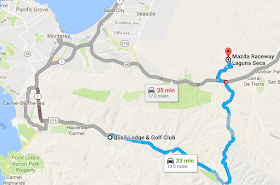Map of route from Quail Lodge to Mazda Raceway Laguna Seca via Laureles Grade