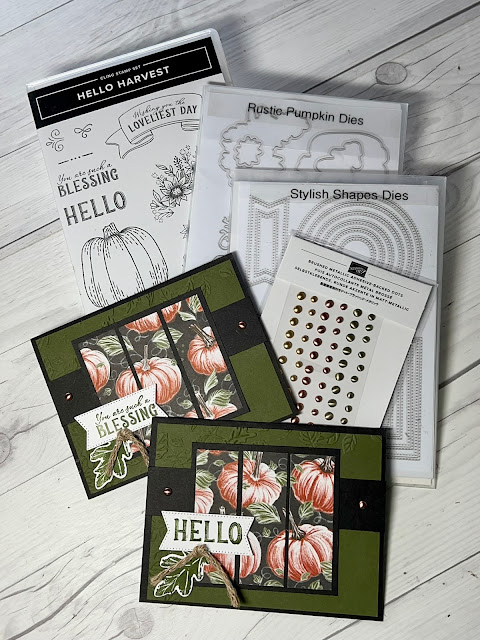 Craft items and tools used to create two Fall Greeting cards using Stampin' Up Hello Harvest Stamp Set