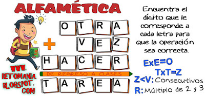 Alfamética, Criptoaritmética, De regreso a clases, De vuelta al Colegio, Criptosuma, Desafíos matemáticos, Retos matemáticos, Problemas matemáticos