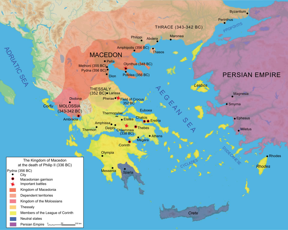 Map of the Kingdom of Macedon at the death of Philip II in 336 BC