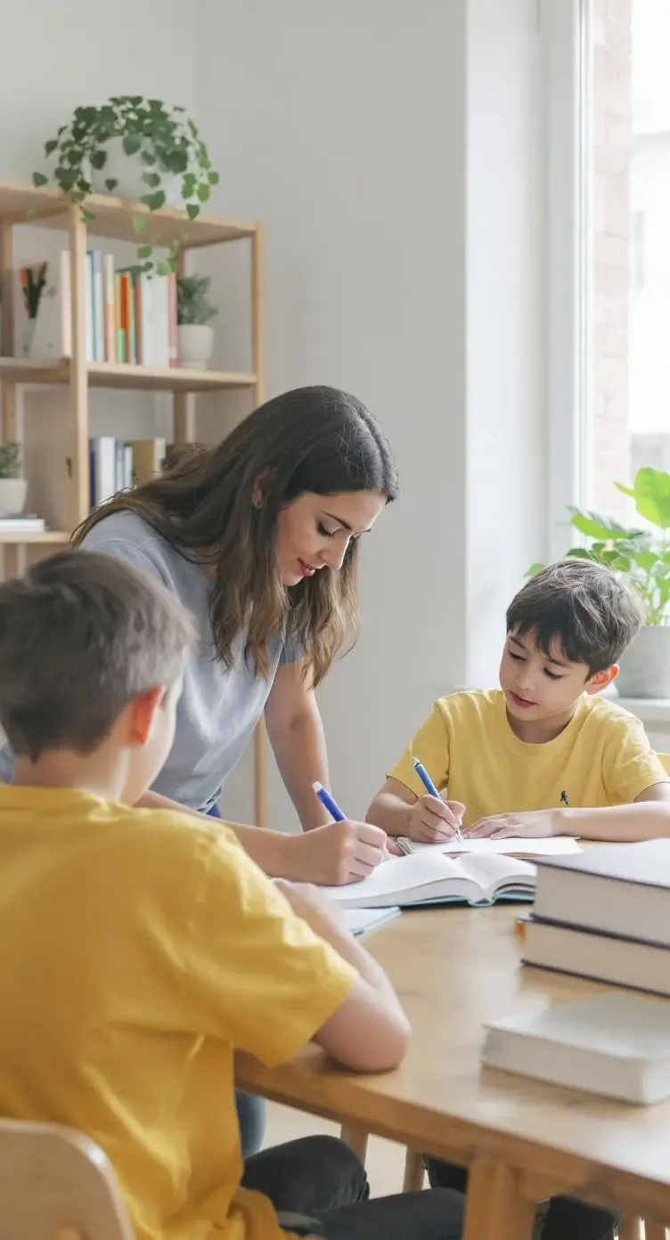 A Young female teen tutoring little kids