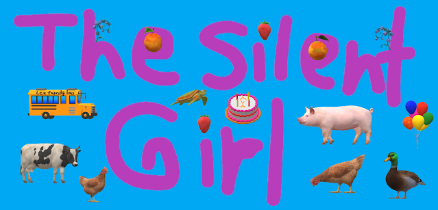 This is the official logo for "The Silent Girl." It was designed by Makes Tech Team for Mei Makes. It features the Lee family bus, birthday cake and balloons, animals, fruit, and so much more!