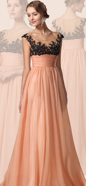  Robe de soirée longue orange plissée taille empire dentelle