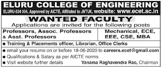 Eluru, Eluru College Of Engineering Professor Assistant Professor Faculty Jobs 2020