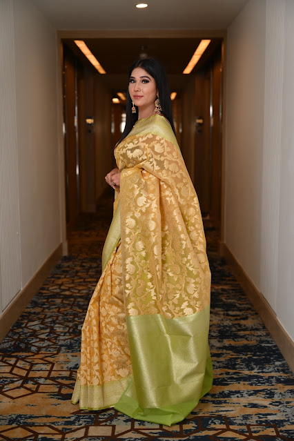 Unveiling the Allure of Kora Silk Saree in Contrast Yellow and Green