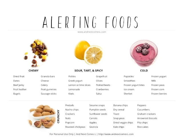 Free printable list of alerting sensory snacks for kids from And Next Comes L