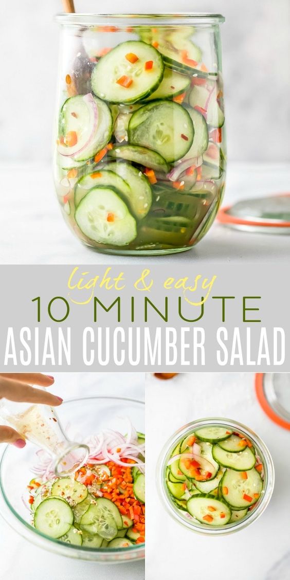 10 Minute Asian Cucumber Salad Recipe made with crunchy cucumber, onion, rice wine vinegar, and a few secret ingredients! An easy Cucumber Salad that's guaranteed to be a hit. Light, refreshing and super flavorful - makes the perfect side dish or condiment. #glutenfree #dairyfree #healthy #lowcalorie #best