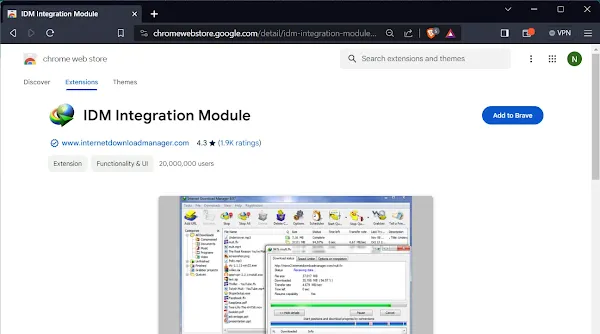 IDM Integration Module page on the Chrome Web Store