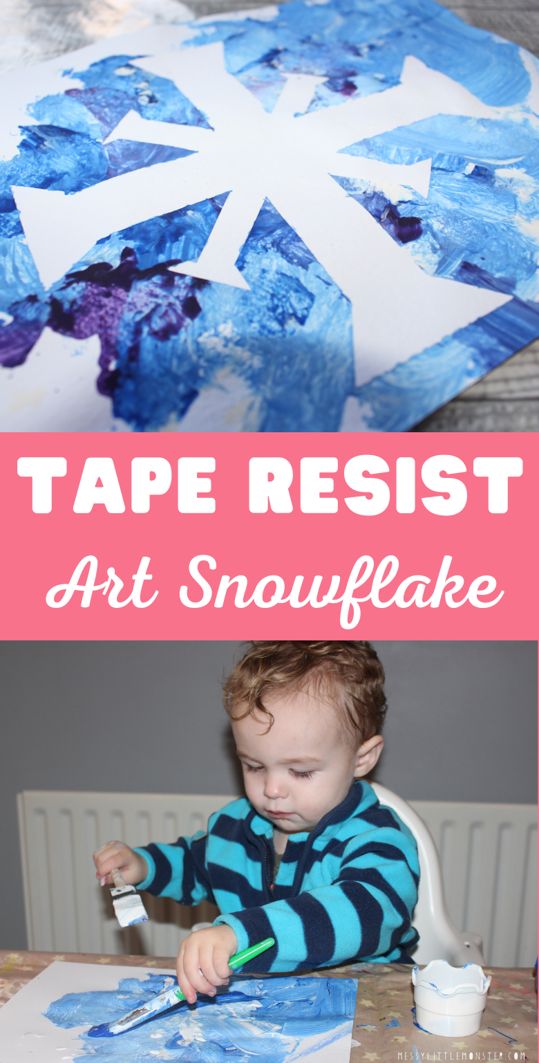 Tape resist art. Snowflake art for toddlers and preschoolers. Winter craft.