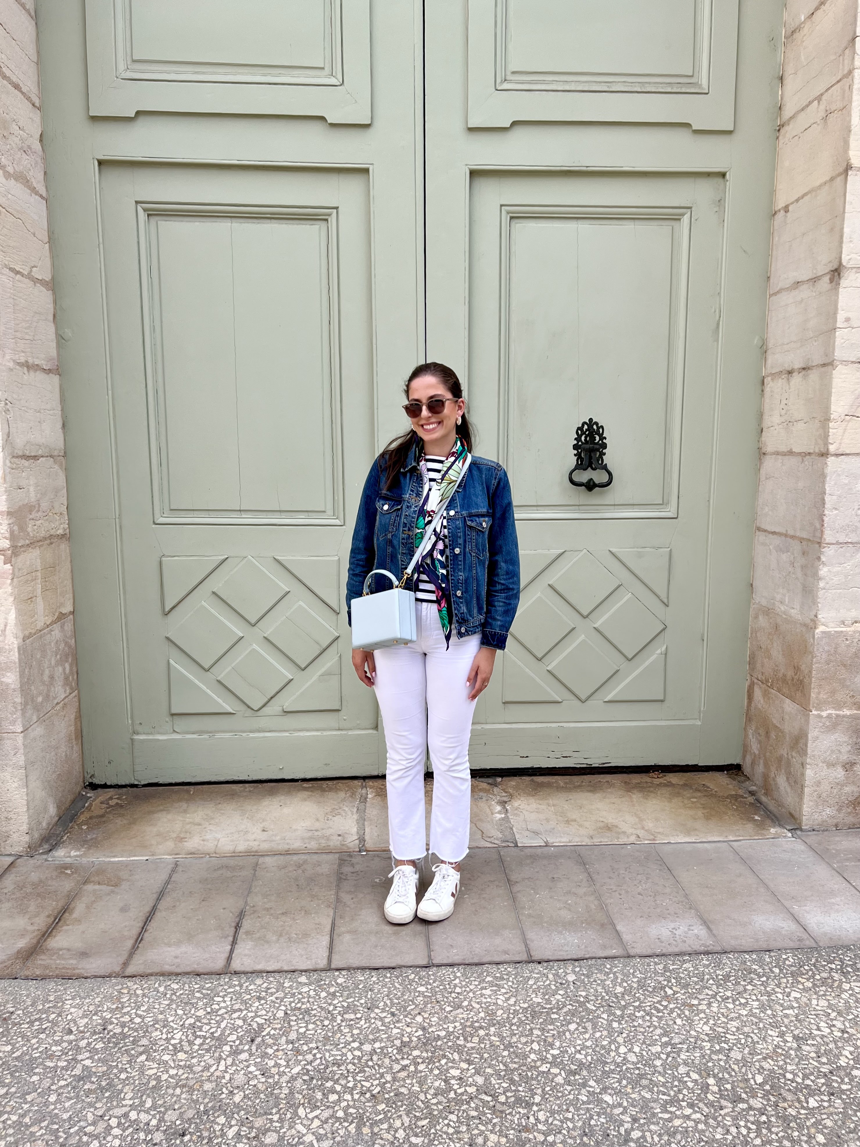 paris outfits, what to wear in paris, denim jacket, white jeans, silk scarf, striped shirt, preppy outfit