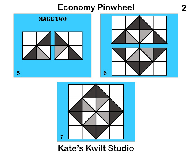 Triangles, squares, and lines showing how to assemble the "Economy Pinwheel" quilt block - page 2.