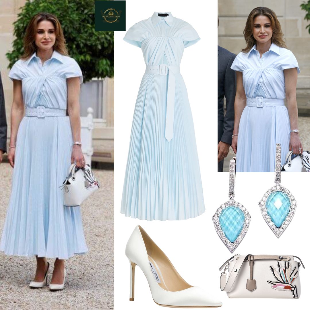 Queen Rania did not disappoint Royal fans when it comes to her style sense. Rania chose a gorgeous Brandon Maxwell Blue Draped Cotton Midi Shirt Dress that she paired with Fendi Vitello Bird of Paradise Embroidered Bag and Jimmy Choo Romy 100 Pumps