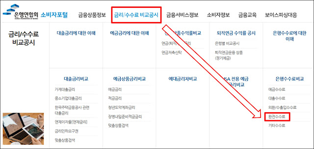 은행연합회 소비자포털 금리,수수료 비교공시 및 환전수수료 메뉴 선택