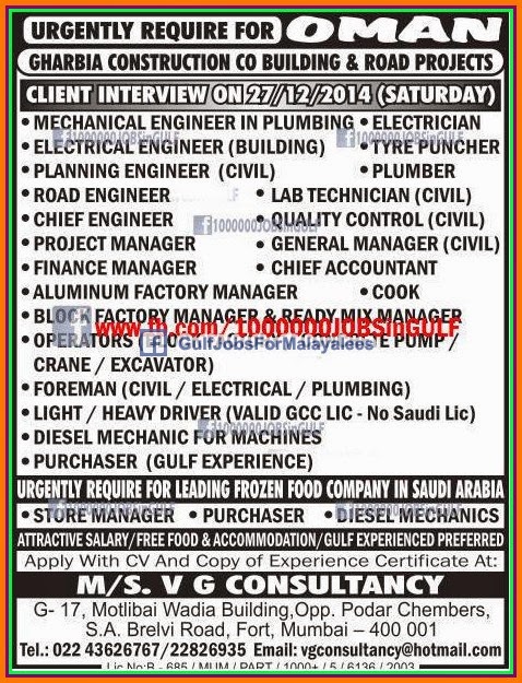 Urgently Required for Construction Project for OMAN