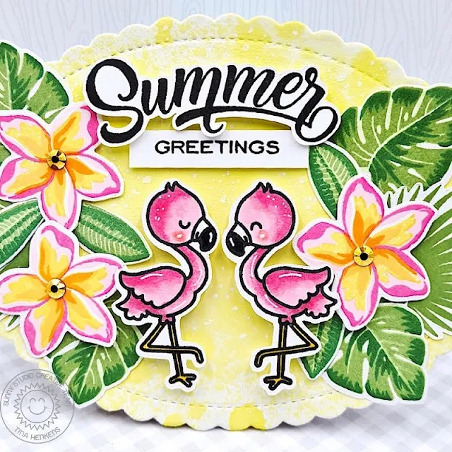 Sunny Studio Stamps: Radiant Plumeria Summer Themed Card by Tina Henkens (featuring Fabulous Flamingos, Scalloped Oval Mat Dies)