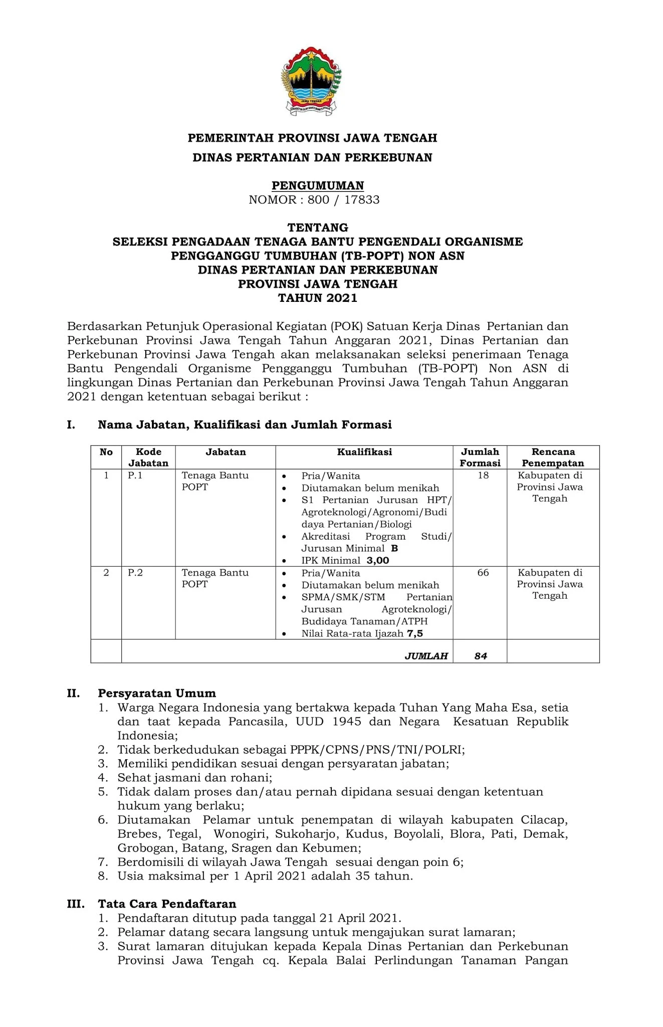 Lowongan Kerja Non ASN Dinas Pertanian dan Perkebunan Tahun Anggaran 2021 [66 Formasi]