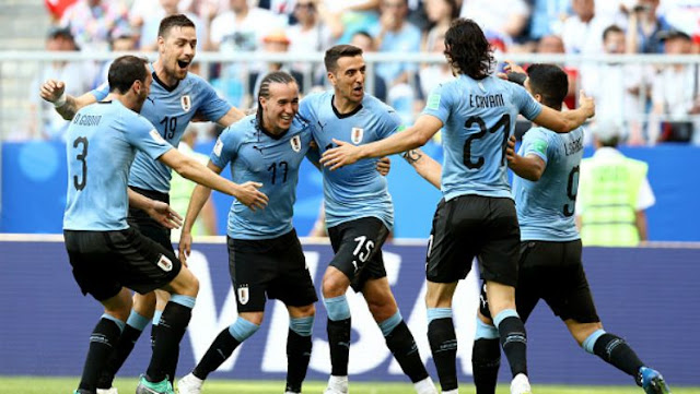 Pemain Uruguay selebrasi dalam laga kontra Rusia di laga ketiga Grup A Piala Dunia 2018