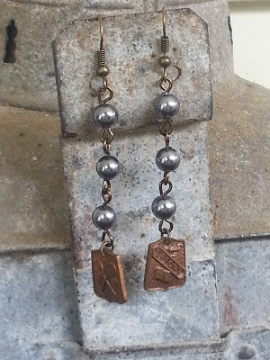 assemblage earrings with vintage pearls and recycled school medals