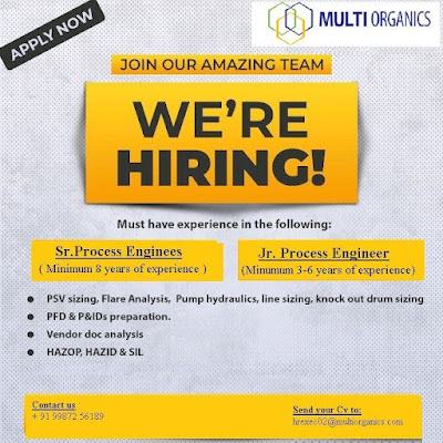 Multi Organics Hiring For Senior Process Engineer/ Junior Process Engineer