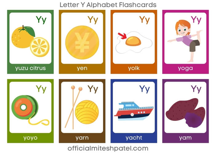 Free Printable Letter Y Alphabet Flash Cards with words
