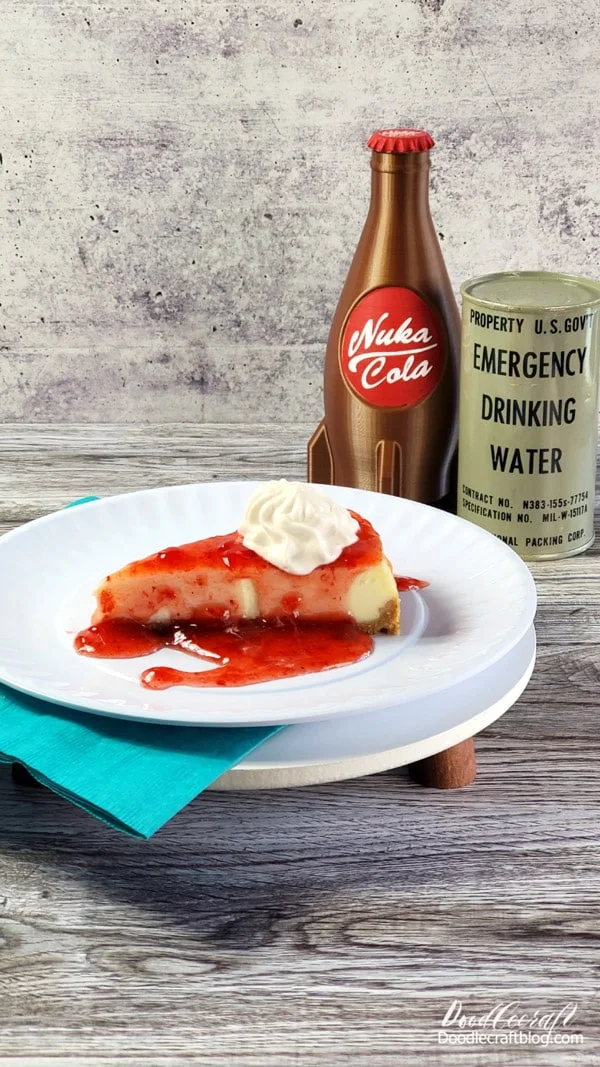 Perfectly preserved pie with a bottle of Nuka Cola and Emergency Drinking Water in can in the background.