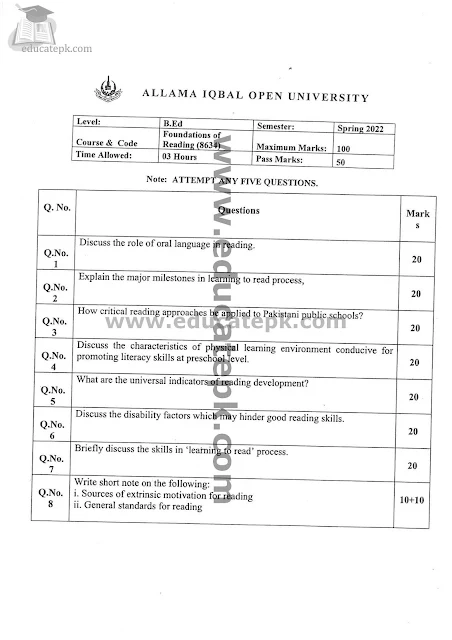 Aiou B.ed Code 8634 Past Papers