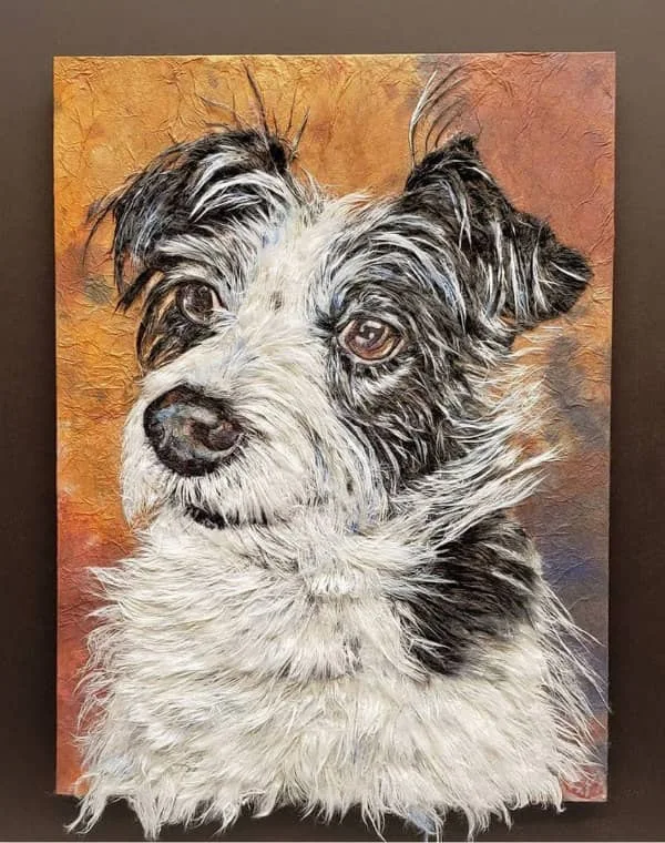 black and white dog portrait made of hanji fibers