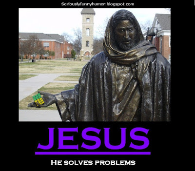 Jesus, he solves problems! Funny Jesus Statue with Cubix Rube in his Hand.