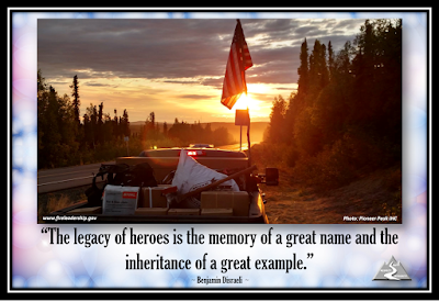 “The legacy of heroes is the memory of a great name and the inheritance of a great example.” ~ Benjamin Disraeli ~  HAPPY MEMORIAL DAY and shoutout to all those supporting operations this holiday.  [Photo: Pioneer Peak IHC] (fire vehicle heading into the sunset; flag in the back)