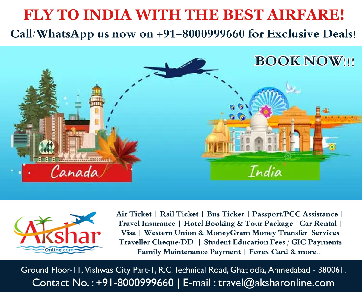 🌍 Fly from Canada to India with the Best Airfare! ✈️  Ready for an adventure? 🌟 Unlock unbeatable airfares from Canada to India!  📞 Call/WhatsApp us at +91-8000999660 for Exclusive Deals!  🔥 Why Choose Us?  Best Prices Guaranteed 💰 Easy Booking Process 🎫 24/7 Customer Support 🌐 Flexible Travel Options 🔄 🛫 Departure: Canada 🇨🇦 🛬 Destination: India 🇮🇳  🎁 Special Offers:  Toronto to Delhi 🏰 Vancouver to Mumbai 🏞️ Montreal to Bangalore 🌇 📱 How to Book:  📞 Call us at +91-8000999660 📲 WhatsApp us at +91-8000999660 ✨ Book Now and Explore India Like Never Before!  #canadatoindia #exploreindia #AirfareDeals #aksharonline