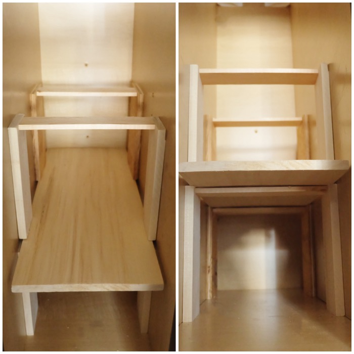 assembling custom shelves inside narrow kitchen cabinet