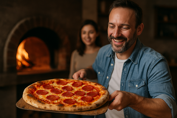 Homem alegre segurando pizza