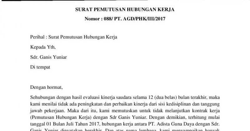 Contoh Surat Pemutusan Hubungan Kerja (PHK) - Assalam Print