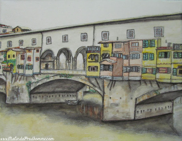 travel artist, mixed media artist, watercolour paintings, travel art, charcoal artist, mixed media art, original paintings, italy, florence, ponte vecchio, florence bridge