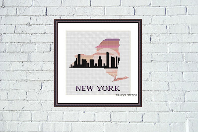 New York state map silhouette sunset cross stitch pattern - Tango Stitch