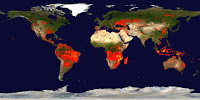 A NASA map of fires detected around the world between Sept. 28 and Oct. 7 by MODIS instruments on two satellites. The colored dots are locations where fire was detected at least once during that period. Yellow indicates areas with high fire counts. (Credit: NASA) Click to Enlarge.