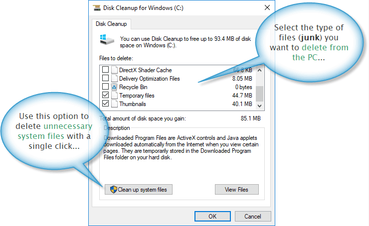 Windows disk cleanup utility dialogue box