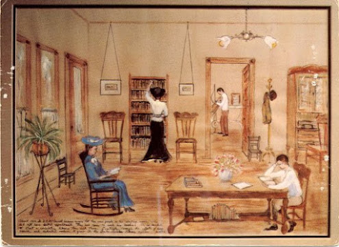 Scan of a postcard with a painting of small library in a dentist office