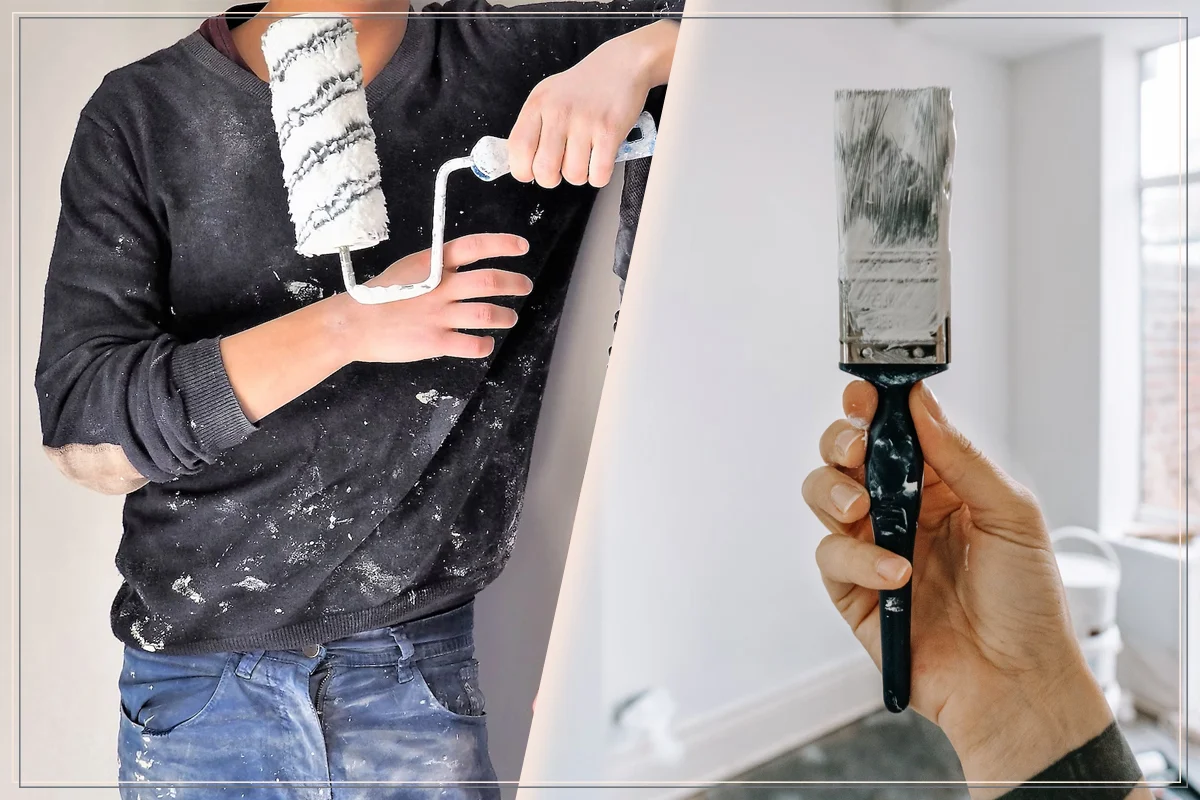 two images in a collage: a man paitning a wall, woman's hand holding a paint brush