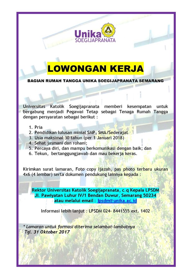 Lowongan Pegawai Rumah Tangga di UNIKA Soegijapranata 