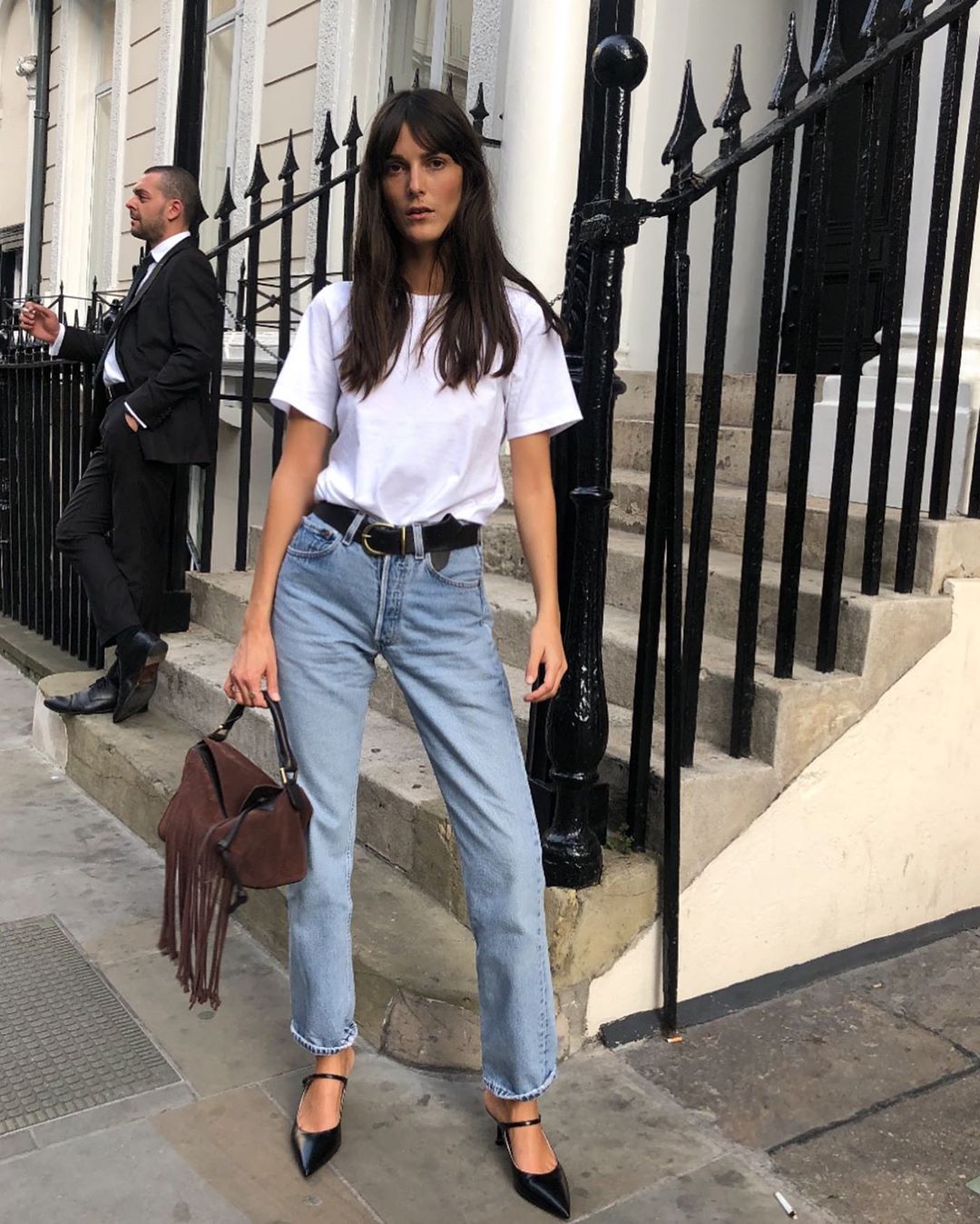 The French-Girl Way to Wear a White Tee and Jeans for Spring — Leia Sfez Instagram Outfit in T-Shirt Straight Leg Denim and Mary Jane Shoes