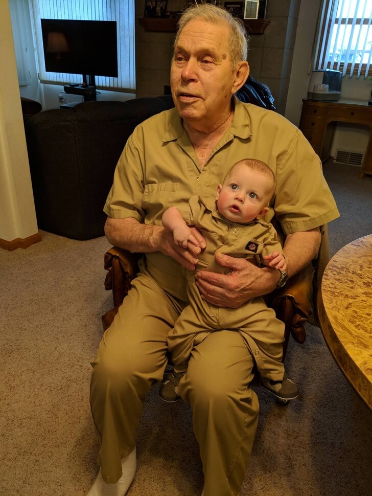 25 Heart-Melting Pictures That Made Even The Toughest Of Us Cry - 'My mother-in-law made my son a pair of coveralls from one of his grandpa’s old ones.'
