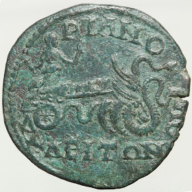 Bronze coin of Gordian III from Hadrianopolis showing Demeter in her chariot.