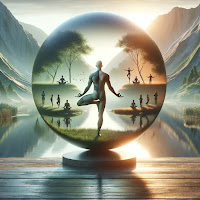 A group of people do yoga in a serene natural setting