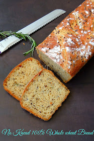 No knead vegan rosemary and flaxseed bread, Herb & Flaxseed loaded no knead whole wheat bread loaf, No knead whole wheat bread loaf