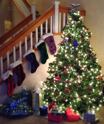 Christmas tree stockings staircase